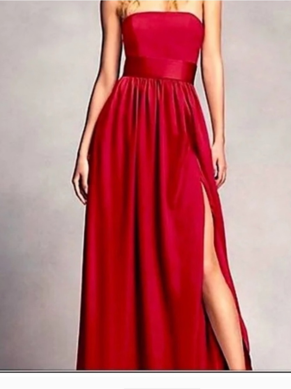 Vera Wang Strapless Red Satin High-Slit Evening Gown